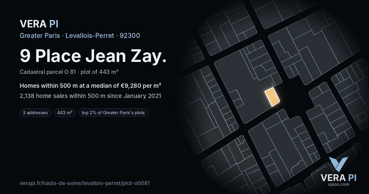 9 Place Jean Zay, Levallois-Perret at night – the plot lit, the parcels around coloured by the prices near them