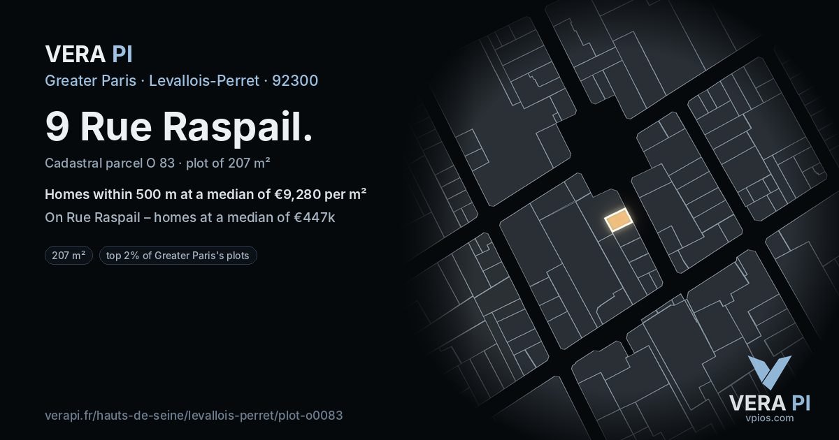 9 Rue Raspail, Levallois-Perret at night – the plot lit, the parcels around coloured by the prices near them