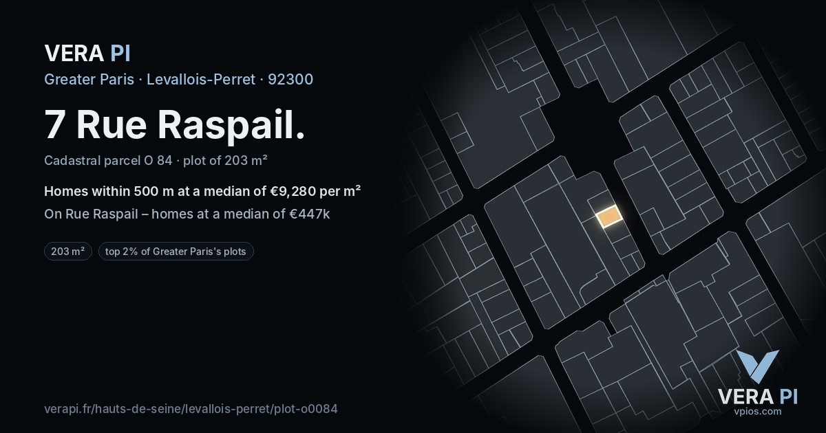 7 Rue Raspail, Levallois-Perret at night – the plot lit, the parcels around coloured by the prices near them
