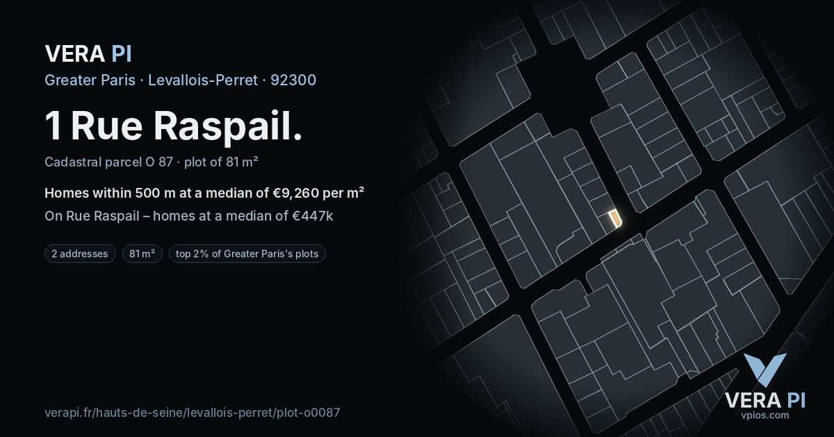 1 Rue Raspail, Levallois-Perret at night – the plot lit, the parcels around coloured by the prices near them
