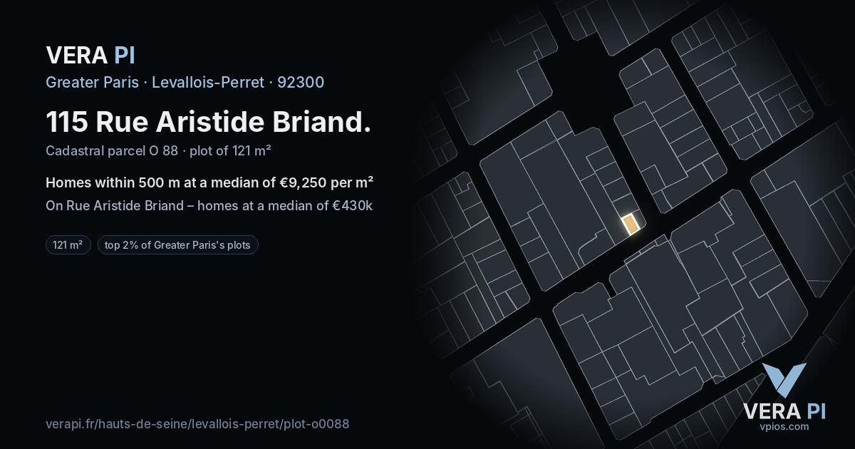 115 Rue Aristide Briand, Levallois-Perret at night – the plot lit, the parcels around coloured by the prices near them