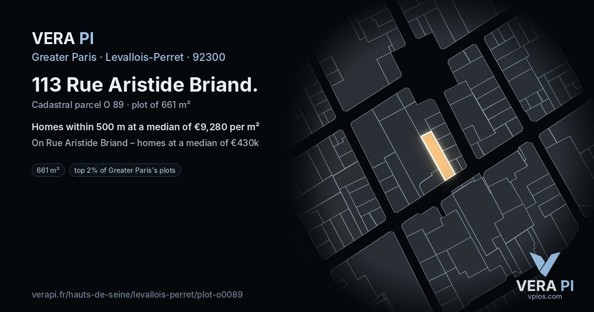 113 Rue Aristide Briand, Levallois-Perret at night – the plot lit, the parcels around coloured by the prices near them