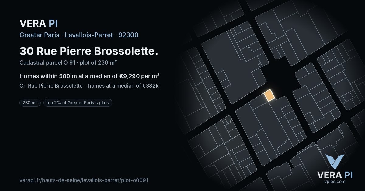 30 Rue Pierre Brossolette, Levallois-Perret at night – the plot lit, the parcels around coloured by the prices near them