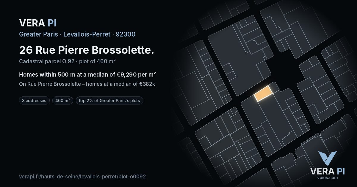 26 Rue Pierre Brossolette, Levallois-Perret at night – the plot lit, the parcels around coloured by the prices near them