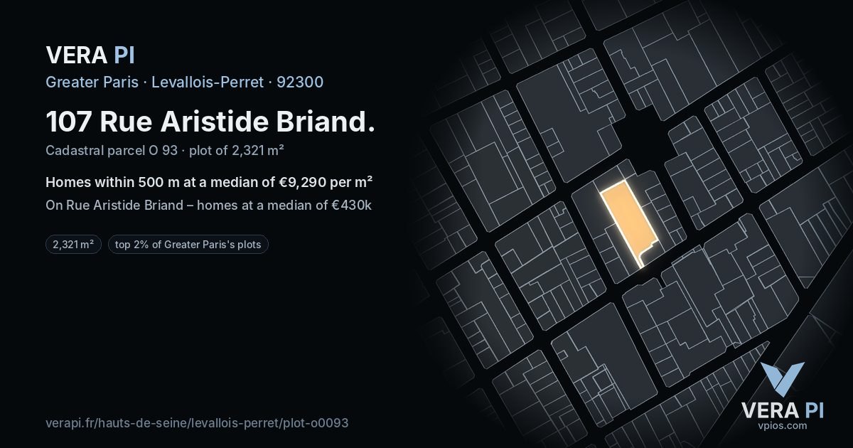 107 Rue Aristide Briand, Levallois-Perret at night – the plot lit, the parcels around coloured by the prices near them