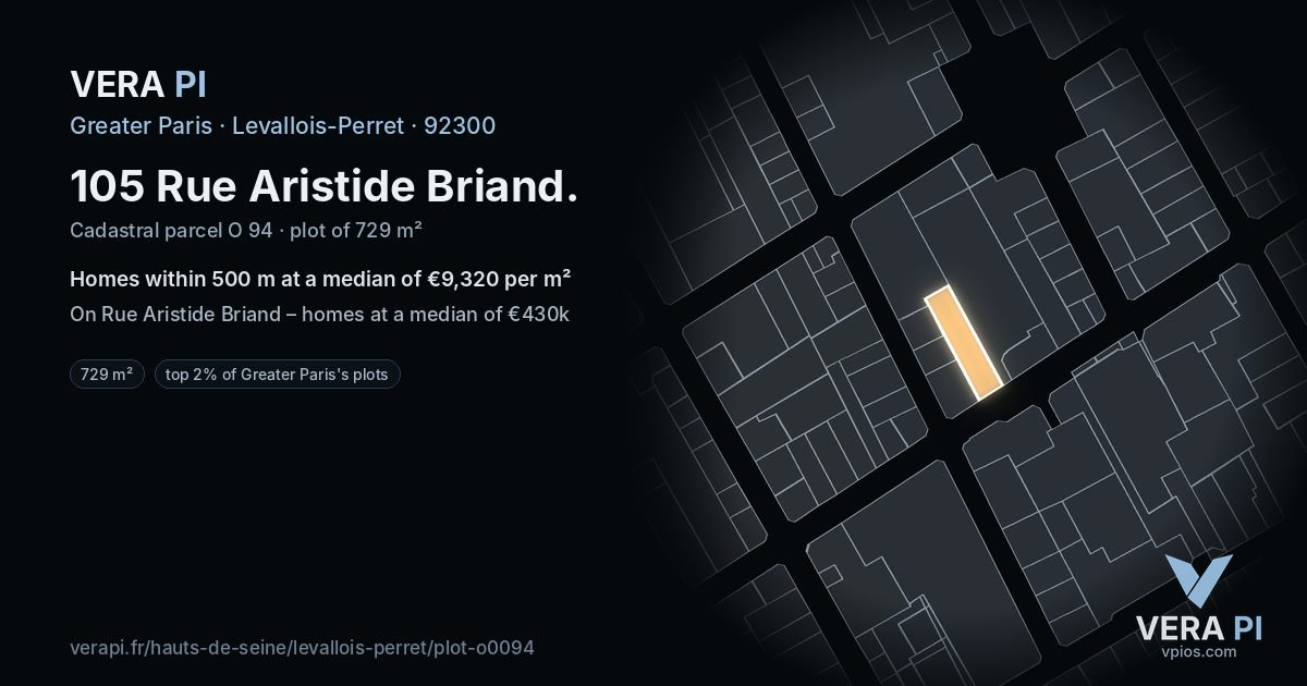 105 Rue Aristide Briand, Levallois-Perret at night – the plot lit, the parcels around coloured by the prices near them