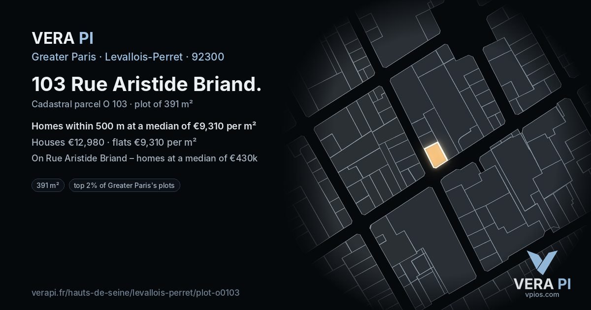 103 Rue Aristide Briand, Levallois-Perret at night – the plot lit, the parcels around coloured by the prices near them