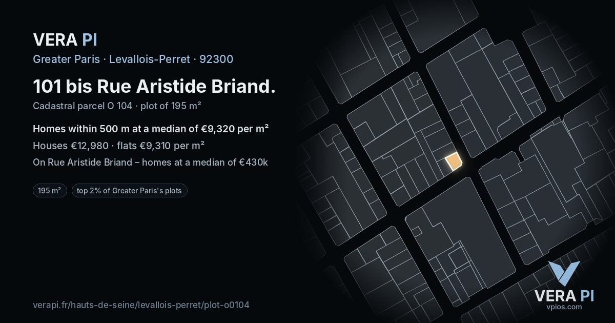 101 bis Rue Aristide Briand, Levallois-Perret at night – the plot lit, the parcels around coloured by the prices near them