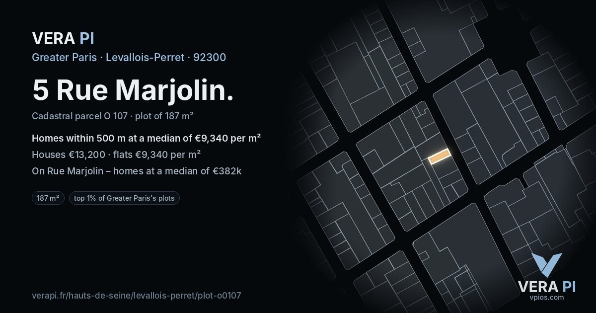 5 Rue Marjolin, Levallois-Perret at night – the plot lit, the parcels around coloured by the prices near them