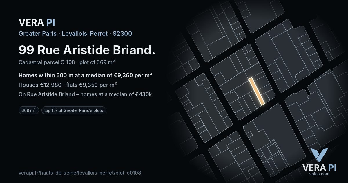 99 Rue Aristide Briand, Levallois-Perret at night – the plot lit, the parcels around coloured by the prices near them