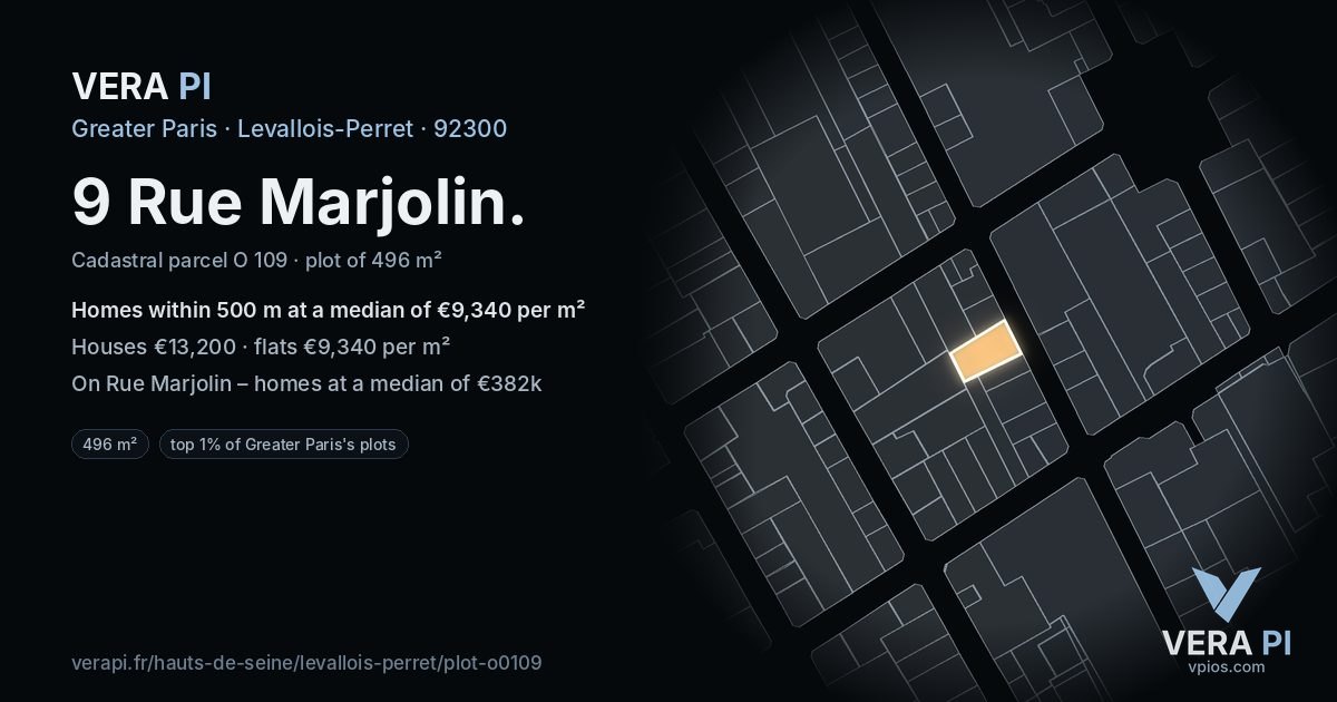9 Rue Marjolin, Levallois-Perret at night – the plot lit, the parcels around coloured by the prices near them