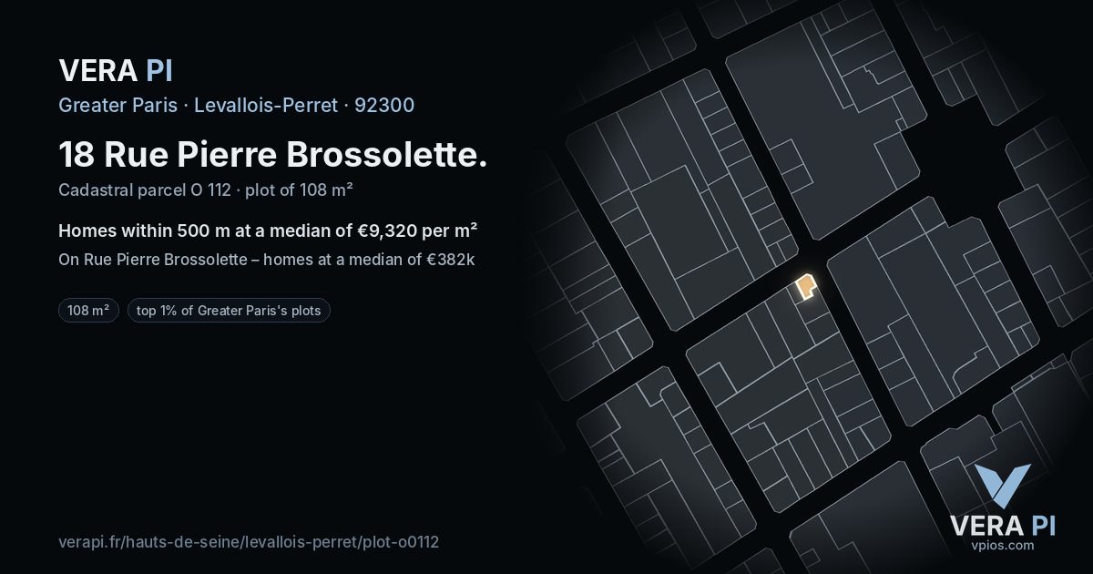 18 Rue Pierre Brossolette, Levallois-Perret at night – the plot lit, the parcels around coloured by the prices near them