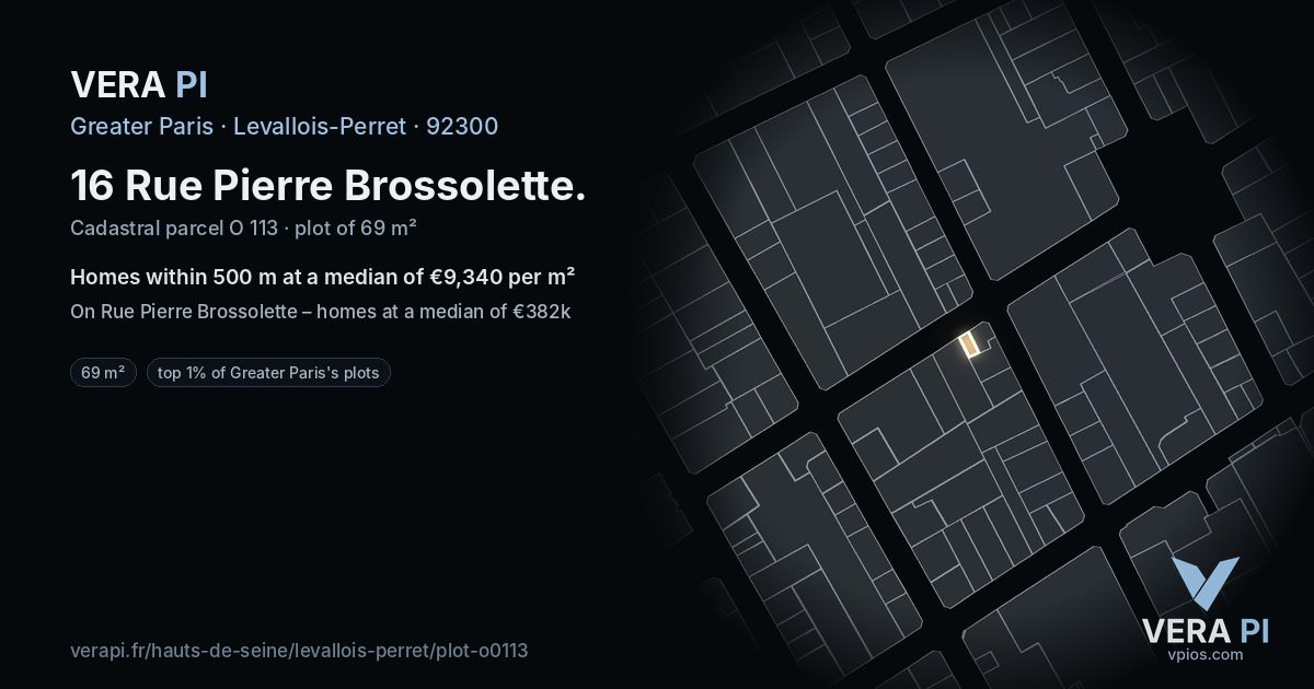 16 Rue Pierre Brossolette, Levallois-Perret at night – the plot lit, the parcels around coloured by the prices near them