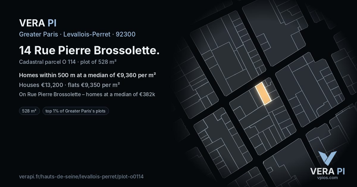 14 Rue Pierre Brossolette, Levallois-Perret at night – the plot lit, the parcels around coloured by the prices near them