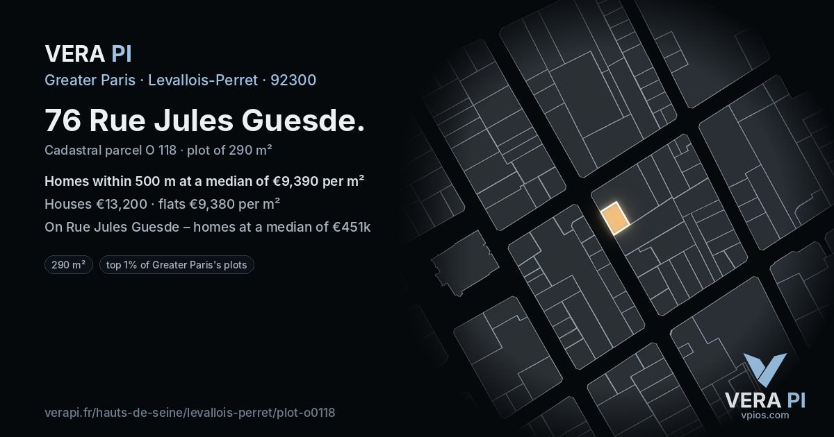 76 Rue Jules Guesde, Levallois-Perret at night – the plot lit, the parcels around coloured by the prices near them