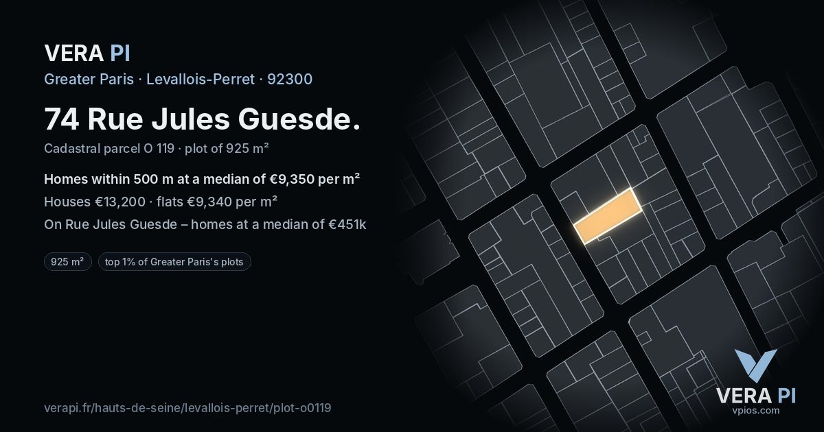 74 Rue Jules Guesde, Levallois-Perret at night – the plot lit, the parcels around coloured by the prices near them