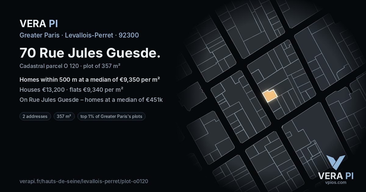 70 Rue Jules Guesde, Levallois-Perret at night – the plot lit, the parcels around coloured by the prices near them