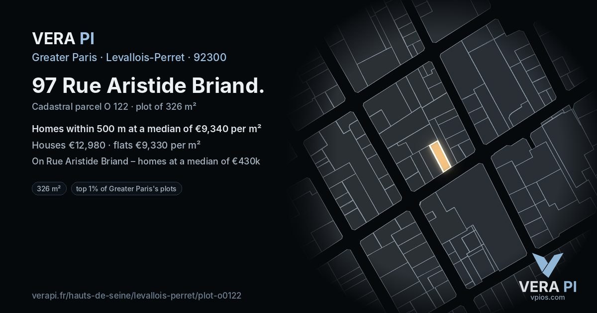 97 Rue Aristide Briand, Levallois-Perret at night – the plot lit, the parcels around coloured by the prices near them