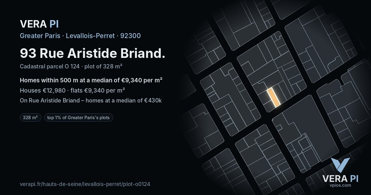 93 Rue Aristide Briand, Levallois-Perret at night – the plot lit, the parcels around coloured by the prices near them