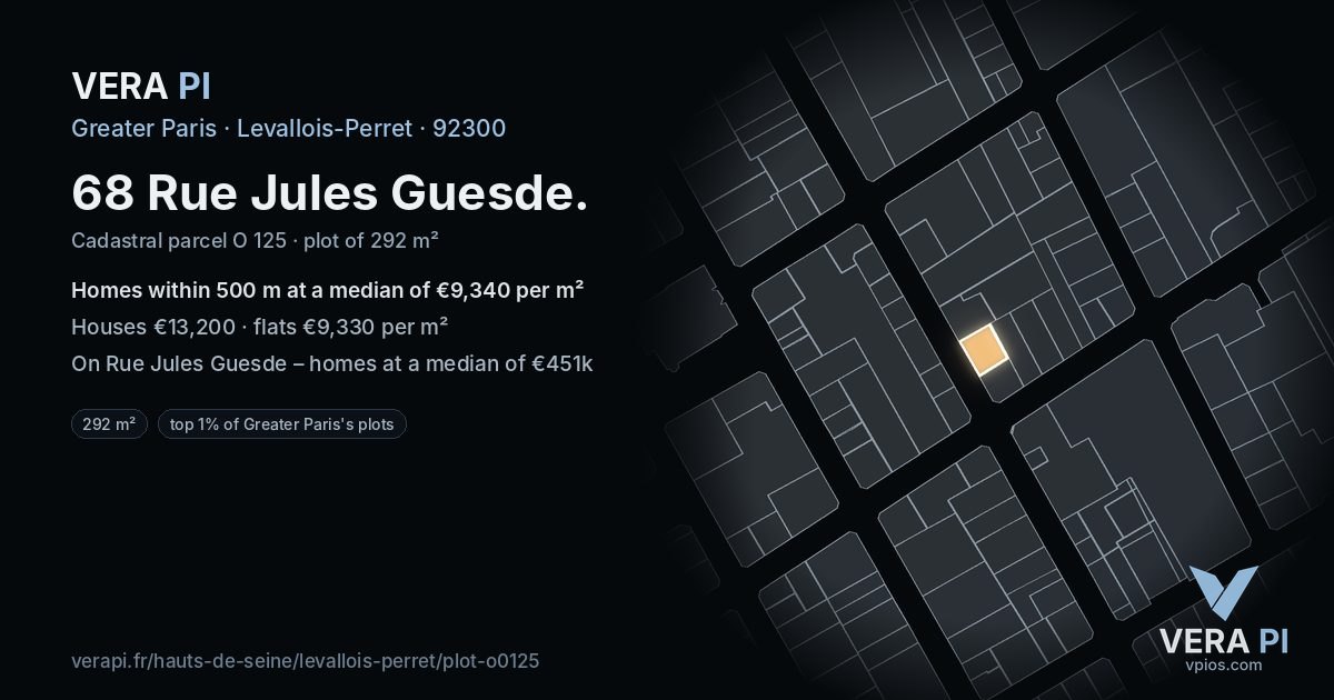 68 Rue Jules Guesde, Levallois-Perret at night – the plot lit, the parcels around coloured by the prices near them