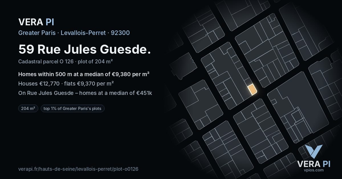 59 Rue Jules Guesde, Levallois-Perret at night – the plot lit, the parcels around coloured by the prices near them