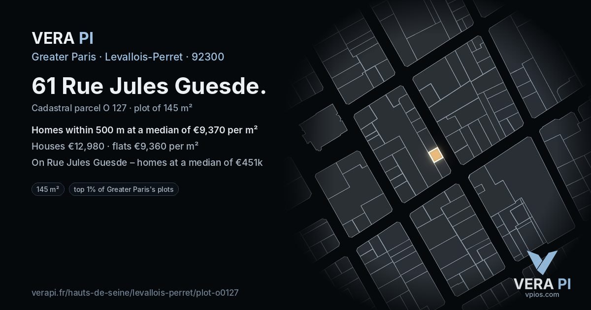 61 Rue Jules Guesde, Levallois-Perret at night – the plot lit, the parcels around coloured by the prices near them