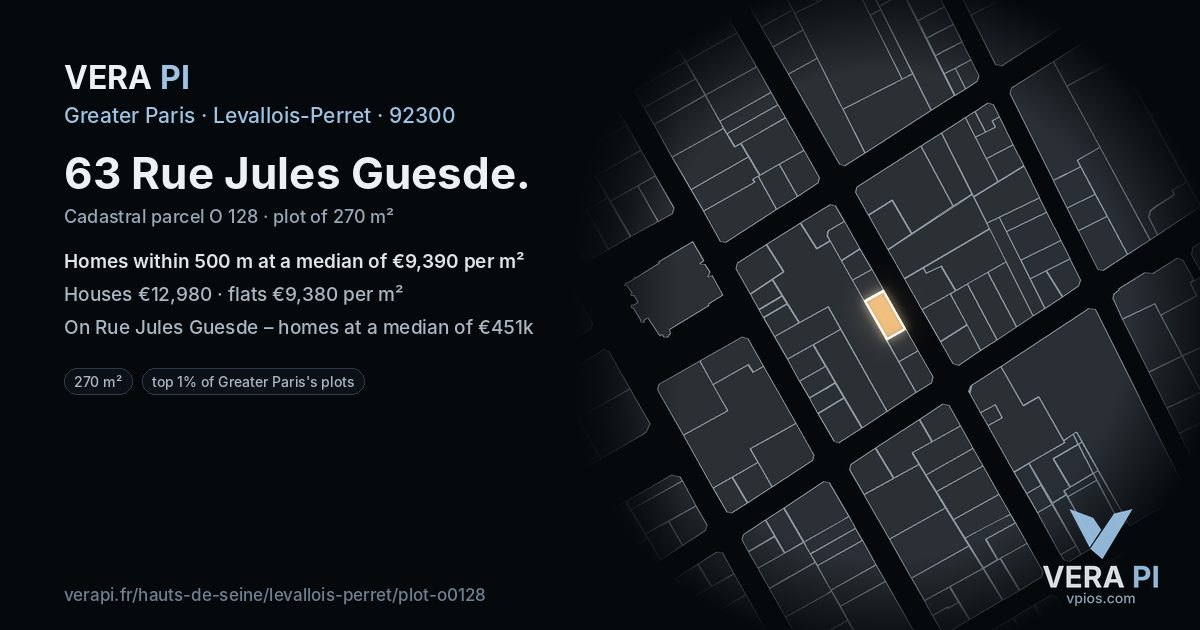 63 Rue Jules Guesde, Levallois-Perret at night – the plot lit, the parcels around coloured by the prices near them