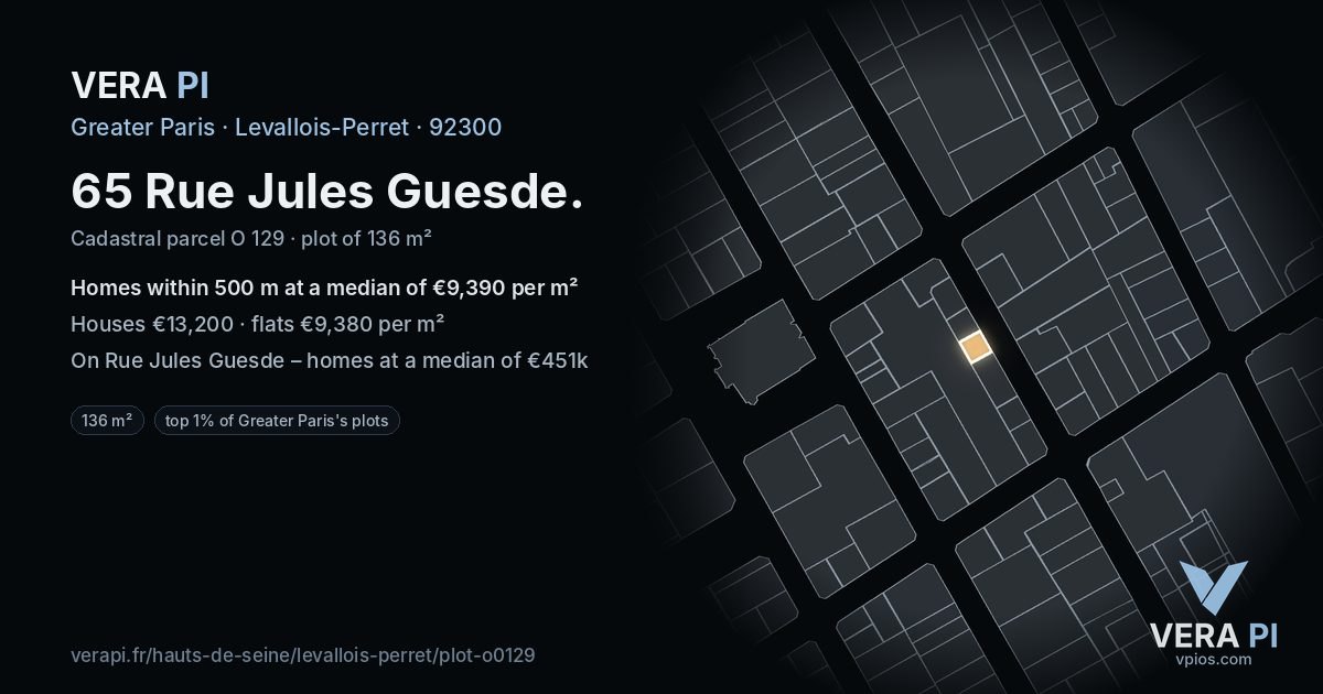 65 Rue Jules Guesde, Levallois-Perret at night – the plot lit, the parcels around coloured by the prices near them