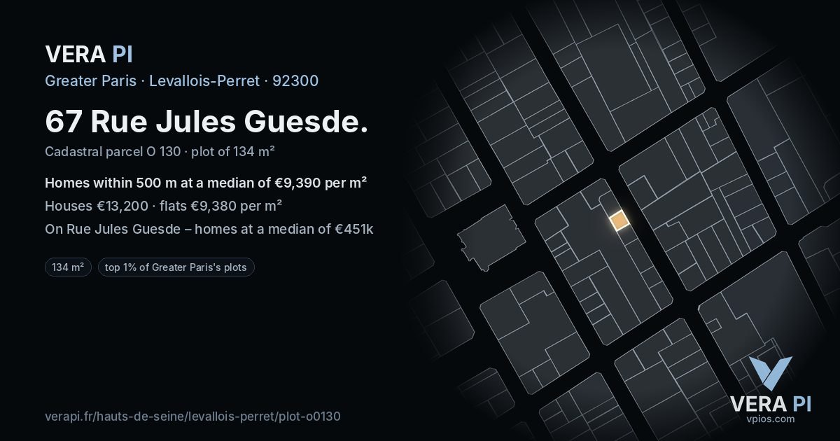 67 Rue Jules Guesde, Levallois-Perret at night – the plot lit, the parcels around coloured by the prices near them