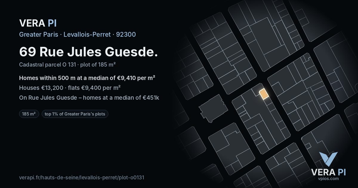 69 Rue Jules Guesde, Levallois-Perret at night – the plot lit, the parcels around coloured by the prices near them