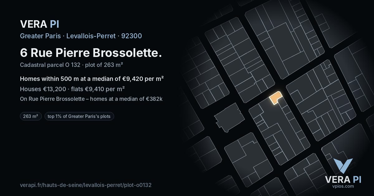 6 Rue Pierre Brossolette, Levallois-Perret at night – the plot lit, the parcels around coloured by the prices near them