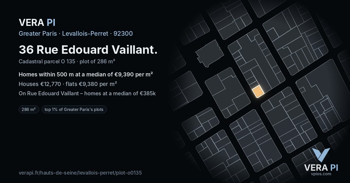36 Rue Edouard Vaillant, Levallois-Perret at night – the plot lit, the parcels around coloured by the prices near them