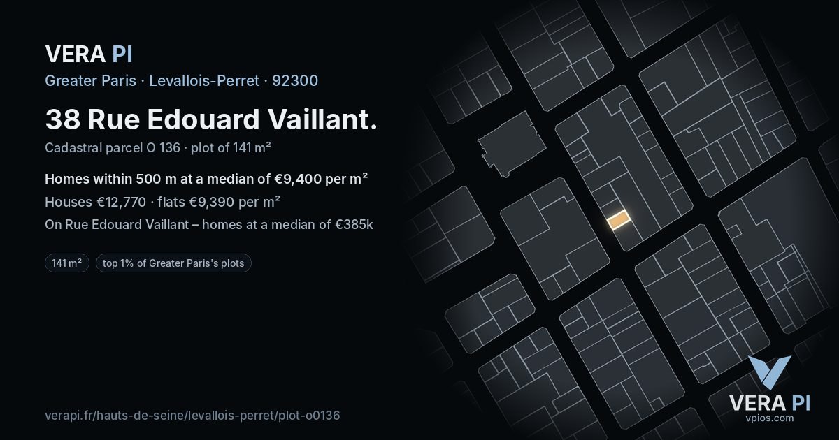 38 Rue Edouard Vaillant, Levallois-Perret at night – the plot lit, the parcels around coloured by the prices near them