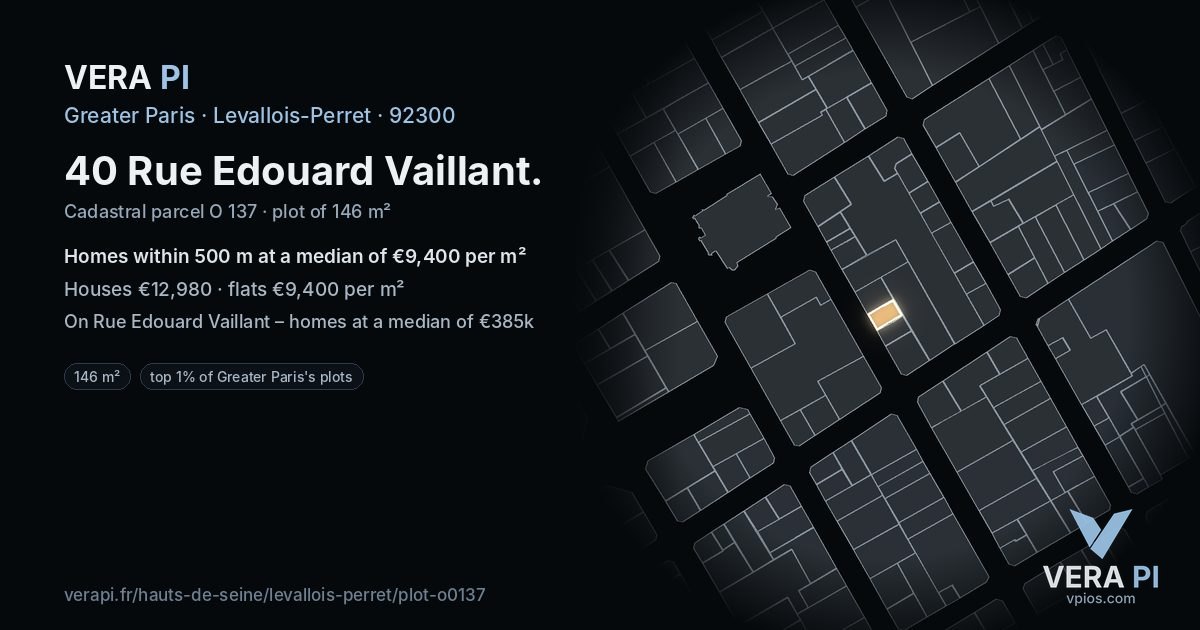 40 Rue Edouard Vaillant, Levallois-Perret at night – the plot lit, the parcels around coloured by the prices near them
