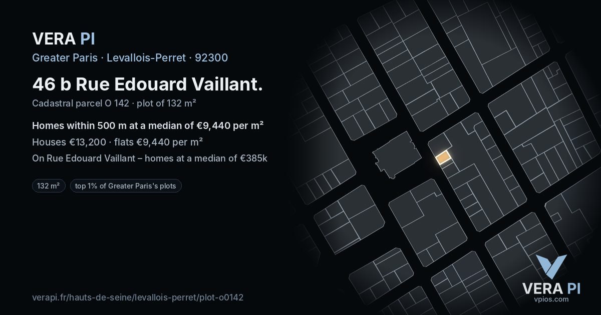 46 b Rue Edouard Vaillant, Levallois-Perret at night – the plot lit, the parcels around coloured by the prices near them