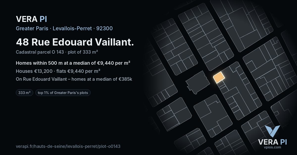 48 Rue Edouard Vaillant, Levallois-Perret at night – the plot lit, the parcels around coloured by the prices near them