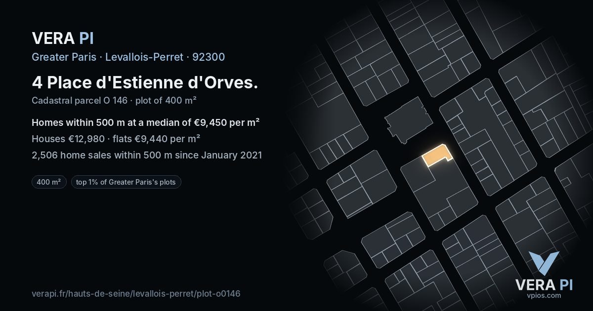 4 Place d'Estienne d'Orves, Levallois-Perret at night – the plot lit, the parcels around coloured by the prices near them