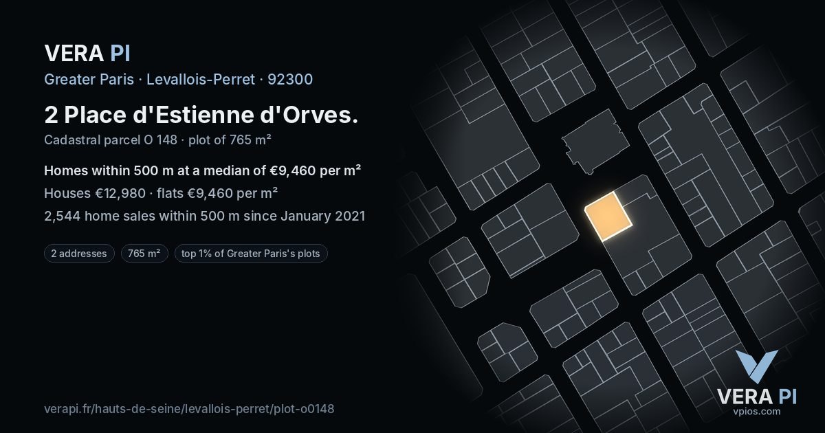 2 Place d'Estienne d'Orves, Levallois-Perret at night – the plot lit, the parcels around coloured by the prices near them