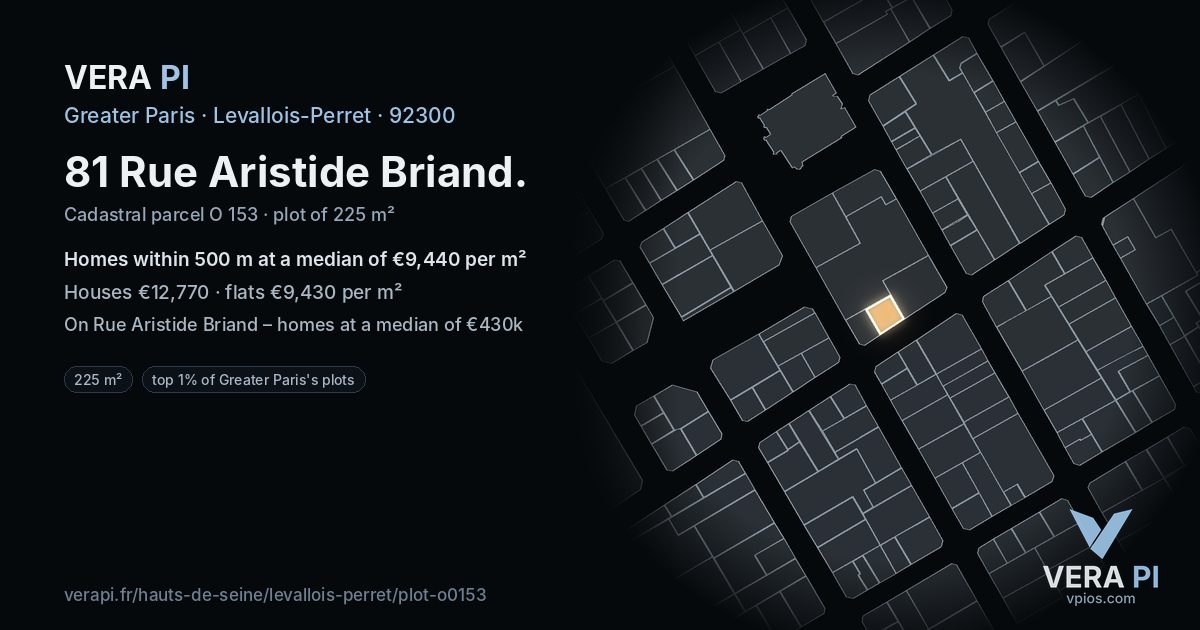 81 Rue Aristide Briand, Levallois-Perret at night – the plot lit, the parcels around coloured by the prices near them