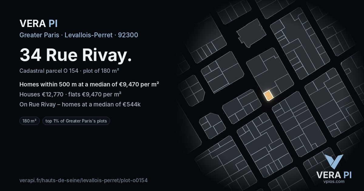 34 Rue Rivay, Levallois-Perret at night – the plot lit, the parcels around coloured by the prices near them