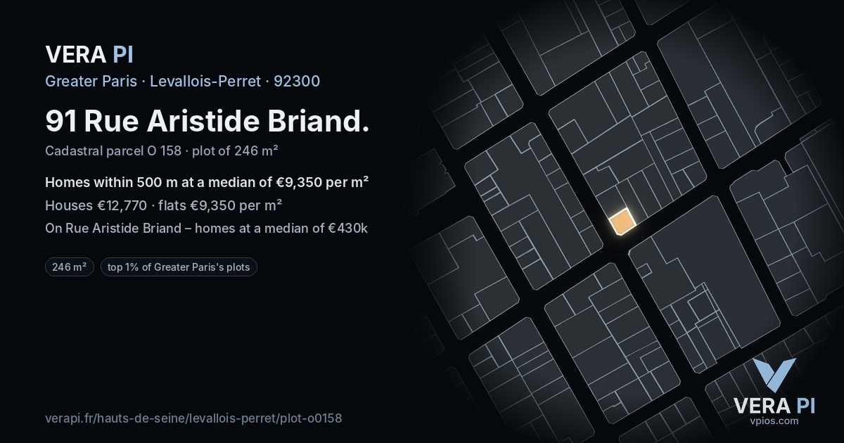 91 Rue Aristide Briand, Levallois-Perret at night – the plot lit, the parcels around coloured by the prices near them
