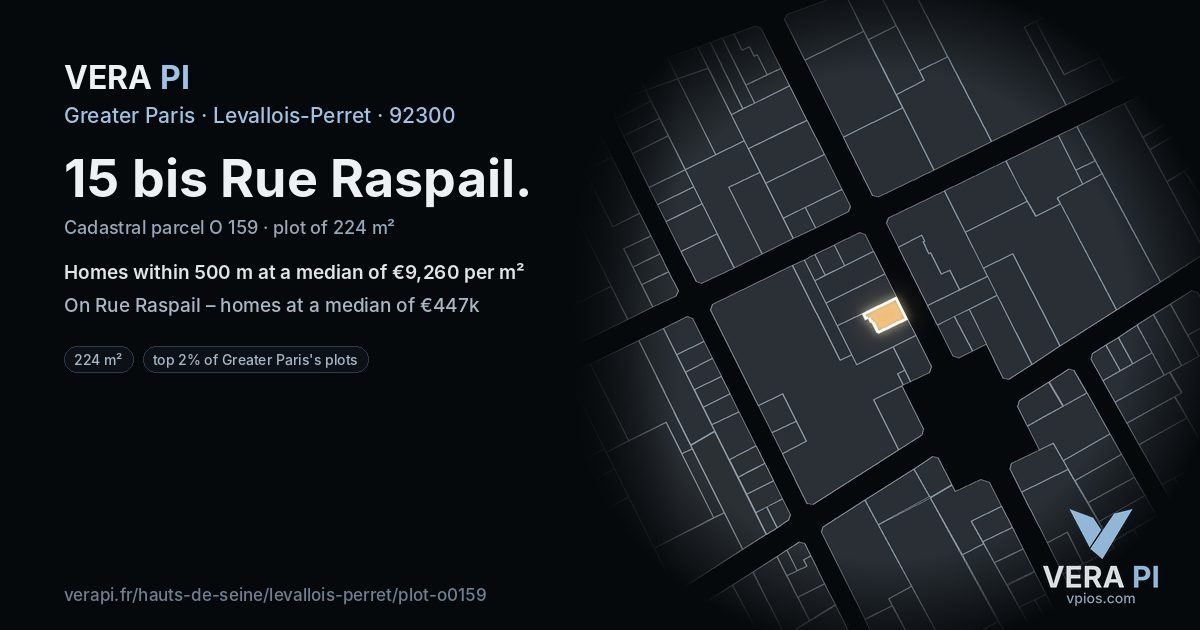 15 bis Rue Raspail, Levallois-Perret at night – the plot lit, the parcels around coloured by the prices near them