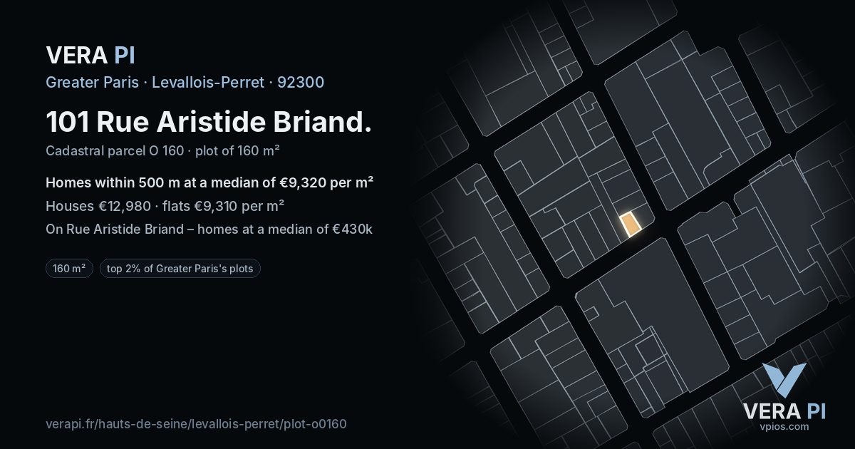 101 Rue Aristide Briand, Levallois-Perret at night – the plot lit, the parcels around coloured by the prices near them