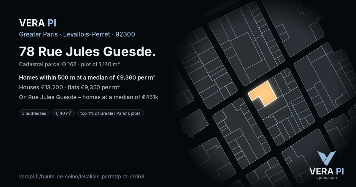 78 Rue Jules Guesde, Levallois-Perret at night – the plot lit, the parcels around coloured by the prices near them