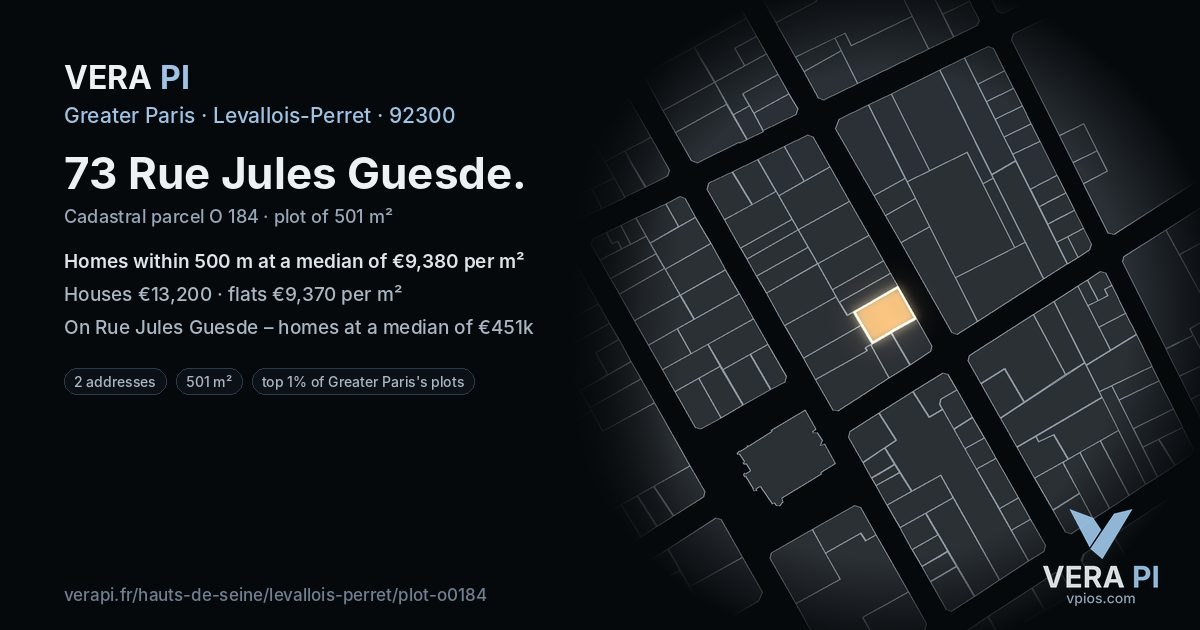 73 Rue Jules Guesde, Levallois-Perret at night – the plot lit, the parcels around coloured by the prices near them