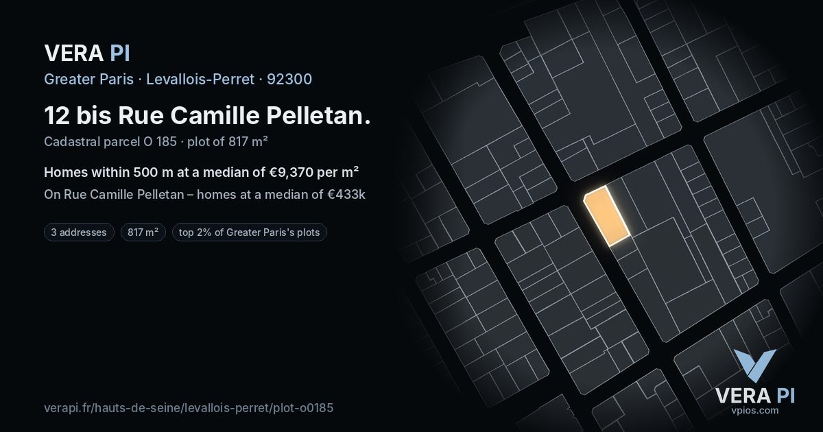 12 bis Rue Camille Pelletan, Levallois-Perret at night – the plot lit, the parcels around coloured by the prices near them