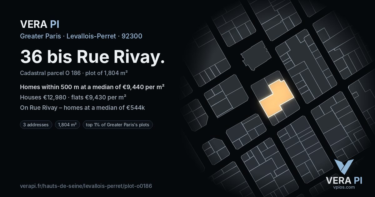 36 bis Rue Rivay, Levallois-Perret at night – the plot lit, the parcels around coloured by the prices near them