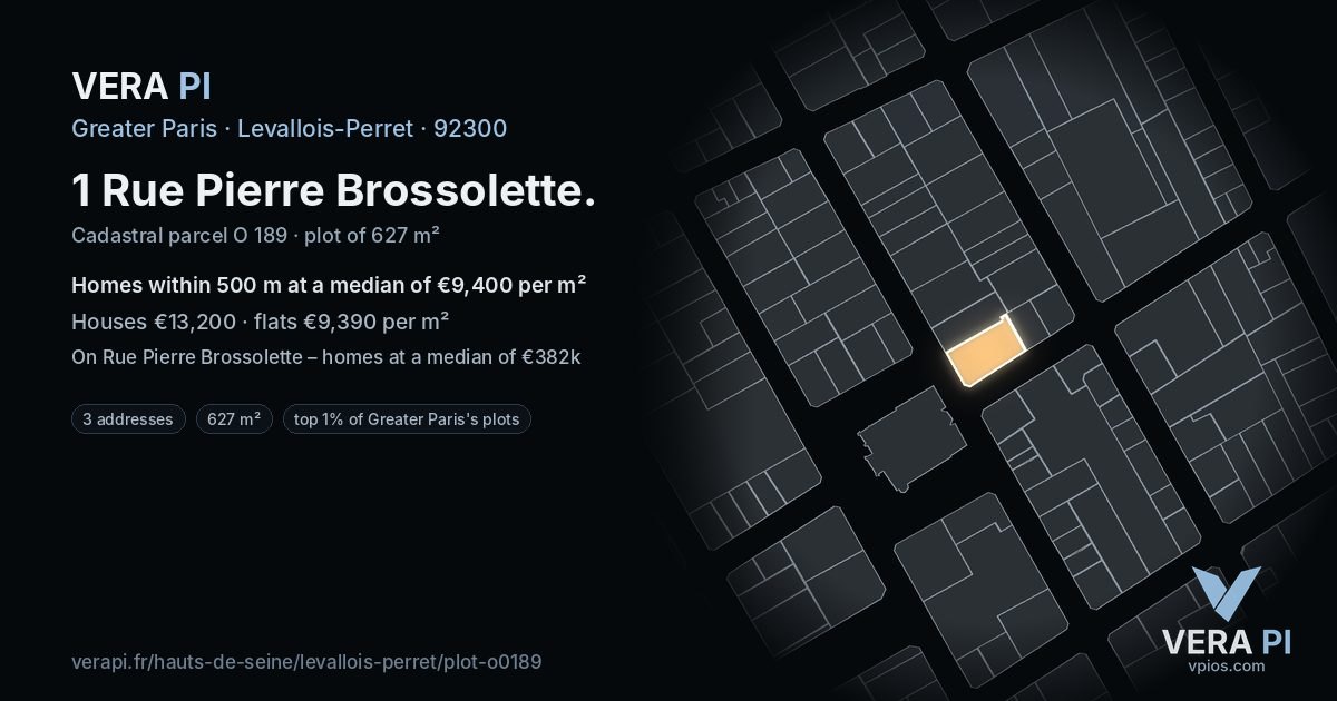 1 Rue Pierre Brossolette, Levallois-Perret at night – the plot lit, the parcels around coloured by the prices near them
