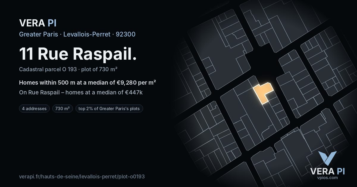 11 Rue Raspail, Levallois-Perret at night – the plot lit, the parcels around coloured by the prices near them