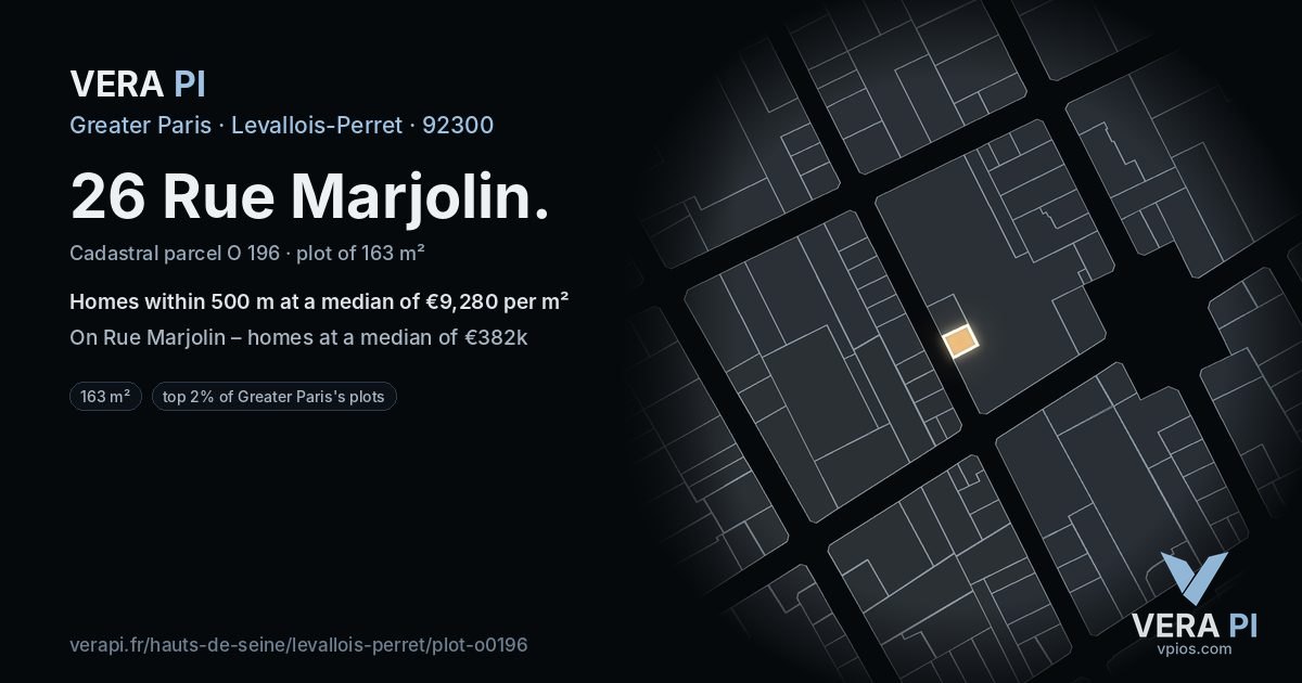 26 Rue Marjolin, Levallois-Perret at night – the plot lit, the parcels around coloured by the prices near them